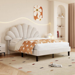 Modernluxe 4Ft6 Double Upholstered Velvet Bed Frame, With Adjustable Headboard, With Solid Wood Slat, No Box Spring Needed, Beige - thumbnail 2