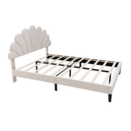 Modernluxe 4Ft6 Double Upholstered Velvet Bed Frame, With Adjustable Headboard, With Solid Wood Slat, No Box Spring Needed, Beige - thumbnail 7