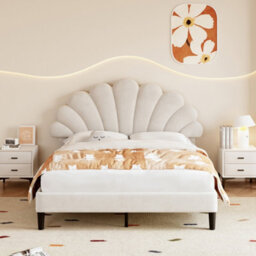 Modernluxe 4Ft6 Double Upholstered Velvet Bed Frame, With Adjustable Headboard, With Solid Wood Slat, No Box Spring Needed, Beige