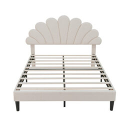 Modernluxe 4Ft6 Double Upholstered Velvet Bed Frame, With Adjustable Headboard, With Solid Wood Slat, No Box Spring Needed, Beige - thumbnail 8