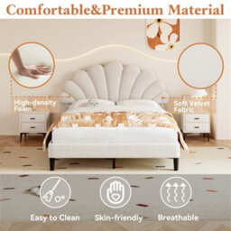 Modernluxe 4Ft6 Double Upholstered Velvet Bed Frame, With Adjustable Headboard, With Solid Wood Slat, No Box Spring Needed, Beige - thumbnail 5