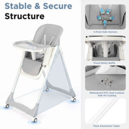 Folding Baby High Chair, Adjustable Toddlers Highchair With 4 Lockable Wheels - thumbnail 6