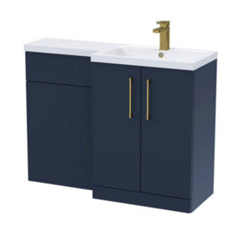 Balterley Right-Hand Bathroom Vanity And Wc Unit Combination With Basin - 1100mm - Satin Dark Blue With Brushed Brass Handles - thumbnail 1