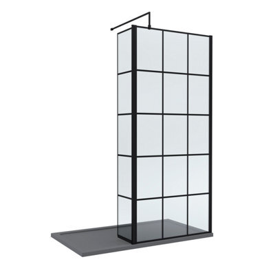 Balterley 8mm Glass Walk In Wetroom Screen And Hinged Return Black Framed Design And Grey Shower Tray - 1400 X 900mm - image 1