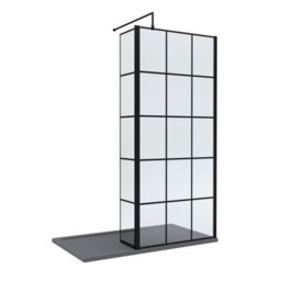 Balterley 8mm Glass Walk In Wetroom Screen And Hinged Return Black Framed Design And Grey Shower Tray - 1400 X 900mm - thumbnail 1