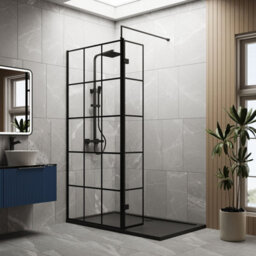 Balterley 8mm Glass Walk In Wetroom Screen And Hinged Return Black Framed Design And Grey Shower Tray - 1400 X 900mm - thumbnail 2