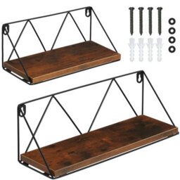 Tectake Wall Shelves - Set Of 2, Wooden, Decorative Metal Brackets, High Load-Capacity  - Industrial Wood Dark, Rustic - thumbnail 1