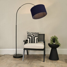 Valuelights Louis Black Arched Curved Floor Lamp With Navy Blue Fabric Drum Lamp Shade And Led Bulb