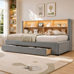 Btm 3Ft Extendable Daybed With Trundle, Led Storage Headboard, Usb And Type C Charging, 2 Drawers, Grey Velvet - thumbnail 3