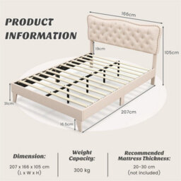 King Size Bed Frame Wooden Slat Bed Platform Upholstered Button Tufted Headboard - thumbnail 3