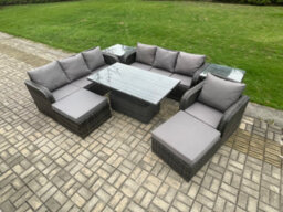 Fimous 9 Seater Pe Rattan Outdoor Garden Furniture Sets Height Adjustable Rising Lifting Dining Table Sofa Set With 2 Side Tables - thumbnail 1