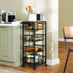 Homcom 4-Tier Kitchen Island On Wheels With 4 Pull-Out Baskets, Light Grey