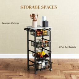 Homcom 4-Tier Kitchen Island On Wheels With 4 Pull-Out Baskets, Light Grey - thumbnail 4