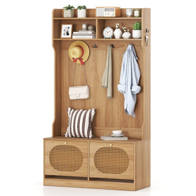 Gainoom 4-In-1 Hall Tree Entryway Bench Farmhouse Storage Organizer W/ 6 Dual-Hook Hangers & Pe Rattan Doors - image 1