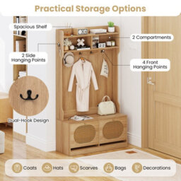 Gainoom 4-In-1 Hall Tree Entryway Bench Farmhouse Storage Organizer W/ 6 Dual-Hook Hangers & Pe Rattan Doors - thumbnail 6