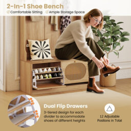 Gainoom 4-In-1 Hall Tree Entryway Bench Farmhouse Storage Organizer W/ 6 Dual-Hook Hangers & Pe Rattan Doors - thumbnail 7