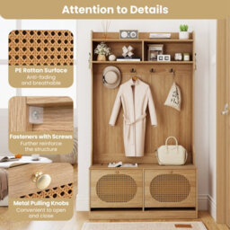 Gainoom 4-In-1 Hall Tree Entryway Bench Farmhouse Storage Organizer W/ 6 Dual-Hook Hangers & Pe Rattan Doors - thumbnail 9
