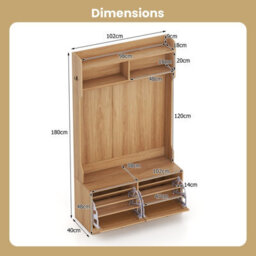 Gainoom 4-In-1 Hall Tree Entryway Bench Farmhouse Storage Organizer W/ 6 Dual-Hook Hangers & Pe Rattan Doors - thumbnail 2