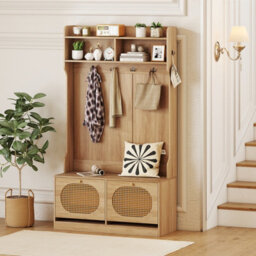 Gainoom 4-In-1 Hall Tree Entryway Bench Farmhouse Storage Organizer W/ 6 Dual-Hook Hangers & Pe Rattan Doors - thumbnail 5