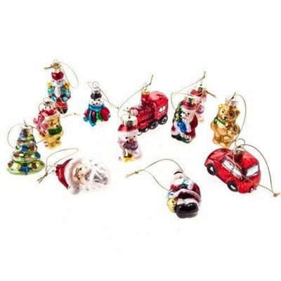 Gisela Graham Christmas Set Of 12 Retro Character Glass Decorations For Tree, Wreaths And Garlands - 4 X 5 Cm Each