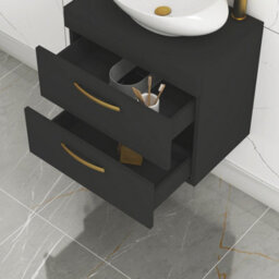 Royal Bathrooms Turin 600mm Wall Mounted Bathroom Vanity Unit With Sink 2 Drawer Matt Black & Nova Countertop Basin - thumbnail 4