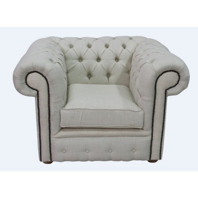 Chesterfield Low Back Club Armchair Charles Cream Real Linen Fabric In Classic Style - image 1