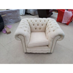Chesterfield Low Back Club Armchair Charles Cream Real Linen Fabric In Classic Style - thumbnail 3