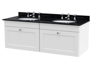 Balterley Swynnerton Traditional 2 Drawer Wall Hung Vanity Unit With Double Marble Basin, Satin White, 1200mm - image 1