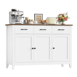 White Sideboard, 120Cm Wide Kitchen Cabinets With 3 Doors, 3 Drawers & 1 Adjustable - thumbnail 1