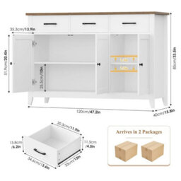White Sideboard, 120Cm Wide Kitchen Cabinets With 3 Doors, 3 Drawers & 1 Adjustable - thumbnail 2