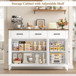 White Sideboard, 120Cm Wide Kitchen Cabinets With 3 Doors, 3 Drawers & 1 Adjustable - thumbnail 6