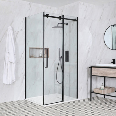 Homestylestore Black Reversible Corner Frameless Sliding Door Shower Enclosure With White Slate Effect Tray 1400 X 900mm - image 1