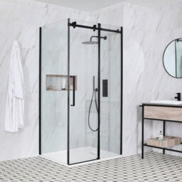 Homestylestore Black Reversible Corner Frameless Sliding Door Shower Enclosure With White Slate Effect Tray 1400 X 900mm - thumbnail 1