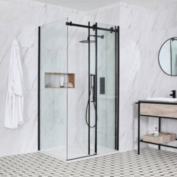 Homestylestore Black Reversible Corner Frameless Sliding Door Shower Enclosure With White Slate Effect Tray 1400 X 900mm - thumbnail 2