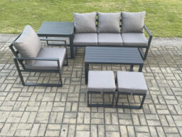 Fimous Aluminium 6 Pieces Garden Furniture Sofa Set With Cushions 6 Seater Outdoor Patio Set With Armchair 2 Small Footstools - thumbnail 2