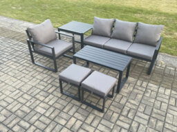 Fimous Aluminium 6 Pieces Garden Furniture Sofa Set With Cushions 6 Seater Outdoor Patio Set With Armchair 2 Small Footstools - thumbnail 1