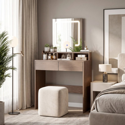 Homcom Dressing Table With Mirror, Led Lights, Drawers, For Bedroom, Walnut - image 1