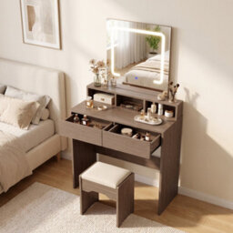 Homcom Dressing Table With Mirror, Led Lights, Drawers, For Bedroom, Walnut - thumbnail 9