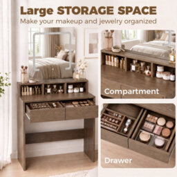 Homcom Dressing Table With Mirror, Led Lights, Drawers, For Bedroom, Walnut - thumbnail 5