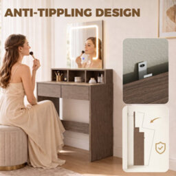 Homcom Dressing Table With Mirror, Led Lights, Drawers, For Bedroom, Walnut - thumbnail 7