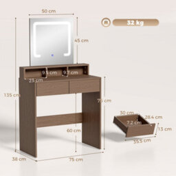 Homcom Dressing Table With Mirror, Led Lights, Drawers, For Bedroom, Walnut - thumbnail 3