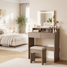 Homcom Dressing Table With Mirror, Led Lights, Drawers, For Bedroom, Walnut - thumbnail 2