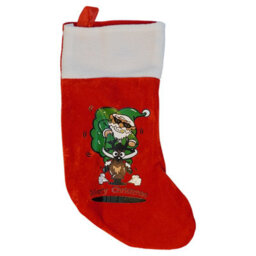 Neel Blue Red Christmas Stocking, Velvet Sock With Cartoon Santa & Reindeer Design, Merry Christmas Print