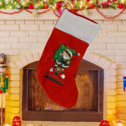 Neel Blue Red Christmas Stocking, Velvet Sock With Cartoon Santa & Reindeer Design, Merry Christmas Print - thumbnail 6