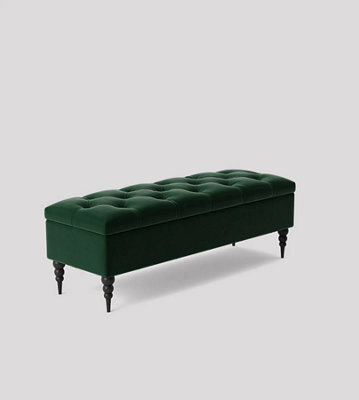 137Cm Safar Ottoman Bench With Storage And Turned Wooden Legs- Plush Velvet Shoes Bench - Forest Green Chesterfield Storage Bench - image 1