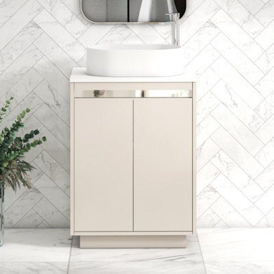 Royal Bathrooms Orion 600mm Warm Taupe Floor Standing Plain White Countertop Vanity Unit 2 Door With Peak Basin & Chrome Accent Trim - image 1