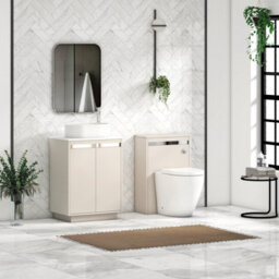 Royal Bathrooms Orion 600mm Warm Taupe Floor Standing Plain White Countertop Vanity Unit 2 Door With Peak Basin & Chrome Accent Trim - thumbnail 3