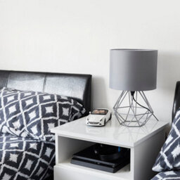 Valuelights Angus Modern Geometric Grey Metal Cage Bedside Table Lamp With Grey Fabric Shade - thumbnail 5