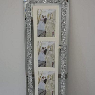 Biznest Silver Diamante Crushed Crystal Frame Multi Aperture Picture Vertical For 3 Photos 4X6 Inch Photo (63Cmx24Cm)