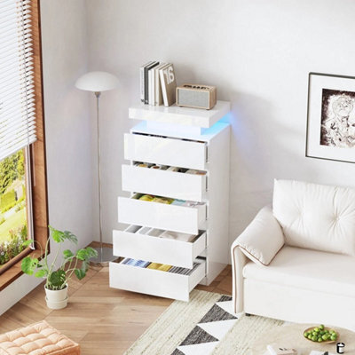 High Gloss Drawer Cabinet W/ 5 Drawers Storage Space Bedside Table W/ Led Lights - image 1